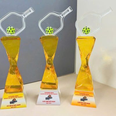 Ảnh nguồn nhiều cúp pickleball thân vàng có nội dung hạng giải khác nhau trên đế