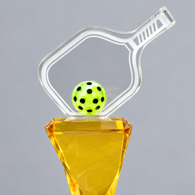 Minh họa chi tiết hình vợt trong suốt và quả bóng xanh ở phần trên cúp pickleball