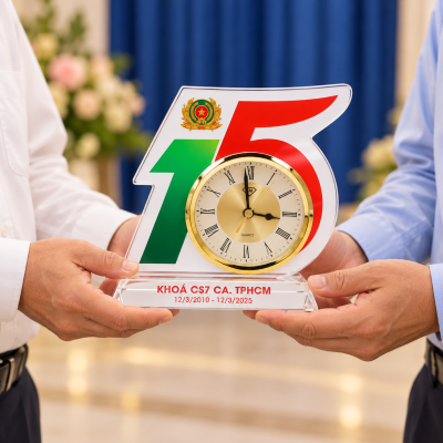 Minh họa trao tặng đồng hồ số 15 đỏ xanh giữa hai người trong không gian gặp mặt kỷ niệm