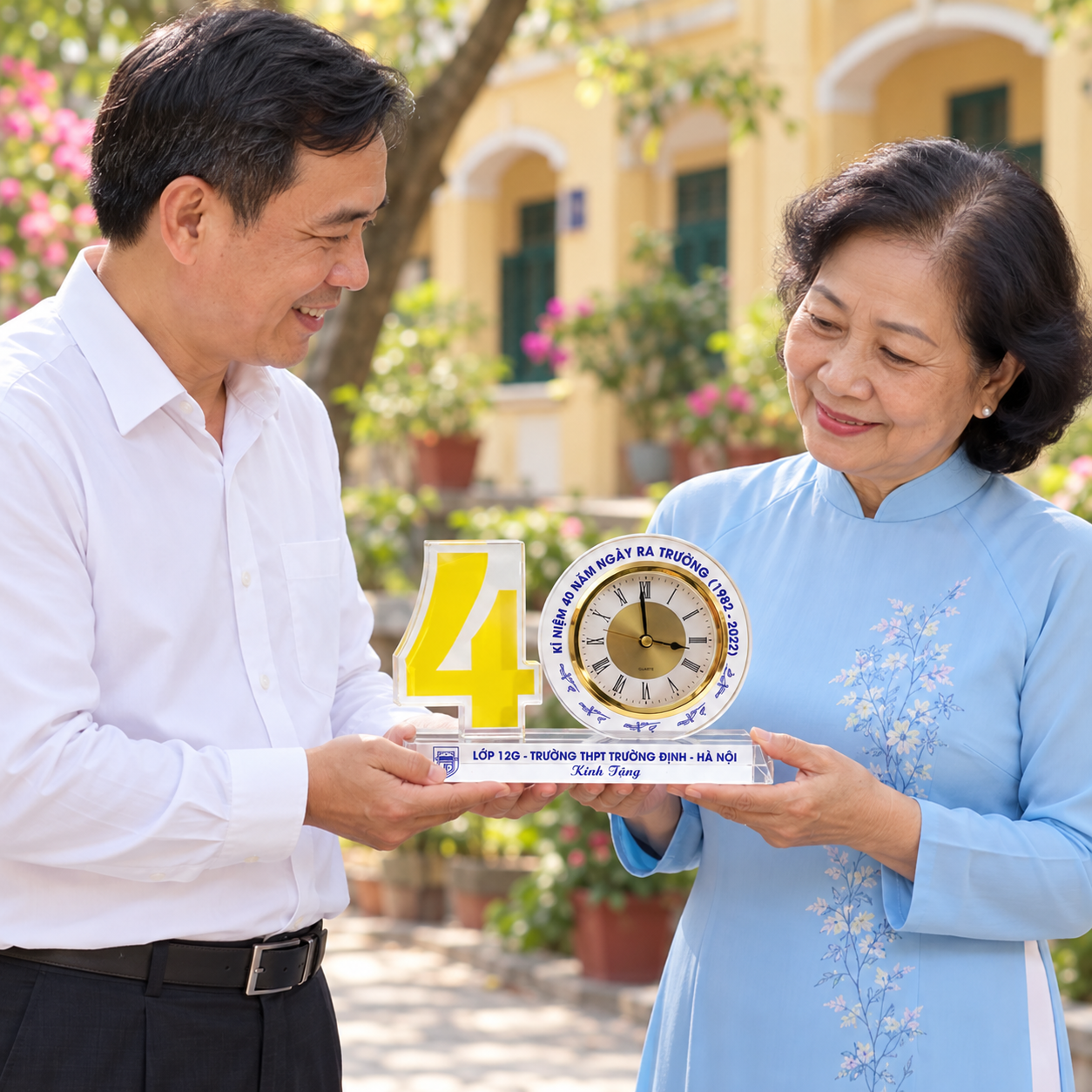 Minh họa cựu học sinh trao đồng hồ số 40 cho cô giáo trong sân trường