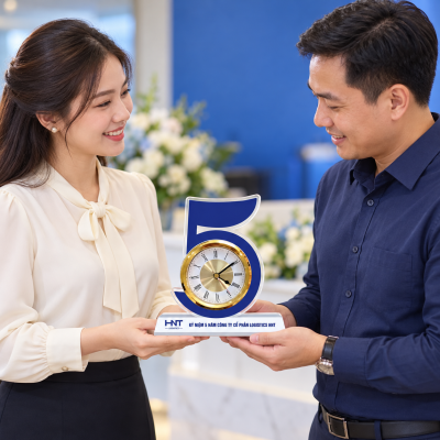 Minh họa trao đồng hồ số 5 xanh dương trong chương trình kỷ niệm doanh nghiệp