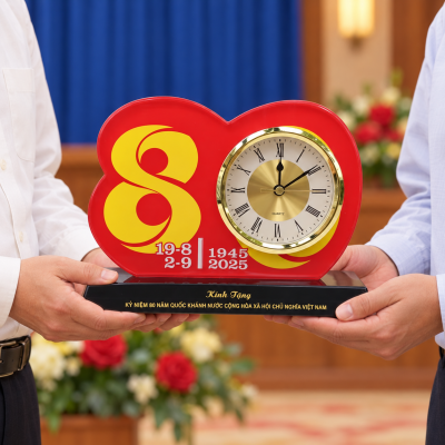 Minh họa hai người nâng đồng hồ số 80 đỏ vàng trong buổi trao quà lưu niệm